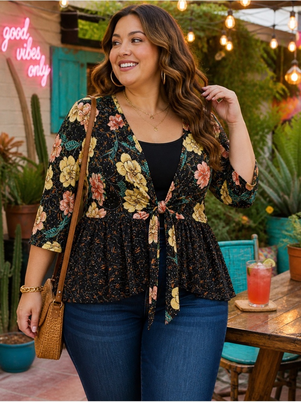 Torrid Peplum Top 00 Black Floral Tie Front Boho Kimono Sleeve Stretch